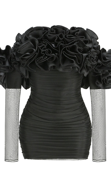 ABITO BARDOT A MANICHE LUNGHE IN TULLE CON FIORI AMITY NERO