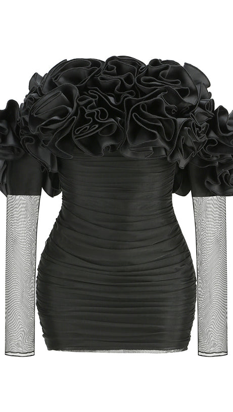 AMITY LONG SLEEVE TULLE FLORAL BARDOT DRESS IN BLACK