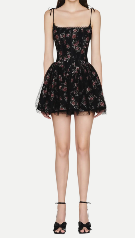 JUBIN MESH PRINTED FISHBONE MINI DRESS IN BLACK