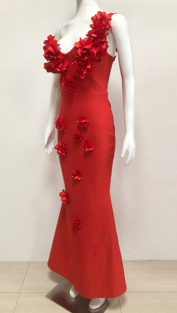 AIIZIE CANDICE ONE-SHOULDER FLOWER BODYCON MAXI DRESS IN RED - product image