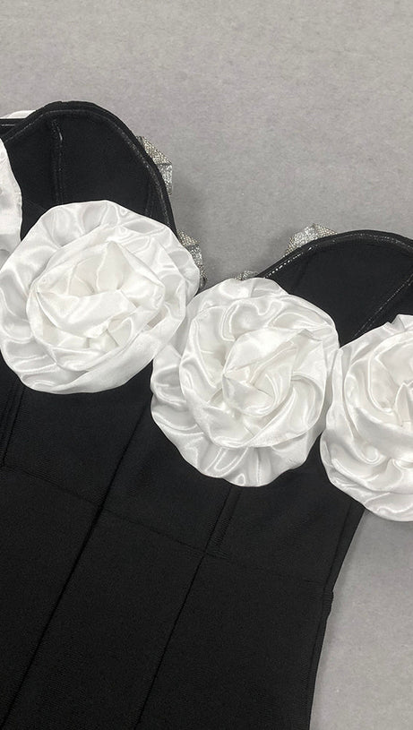 BEATRICE BLACK OFF SHOULDER 3D FLOWERS BODYCON BANDAGE MAXI DRESS