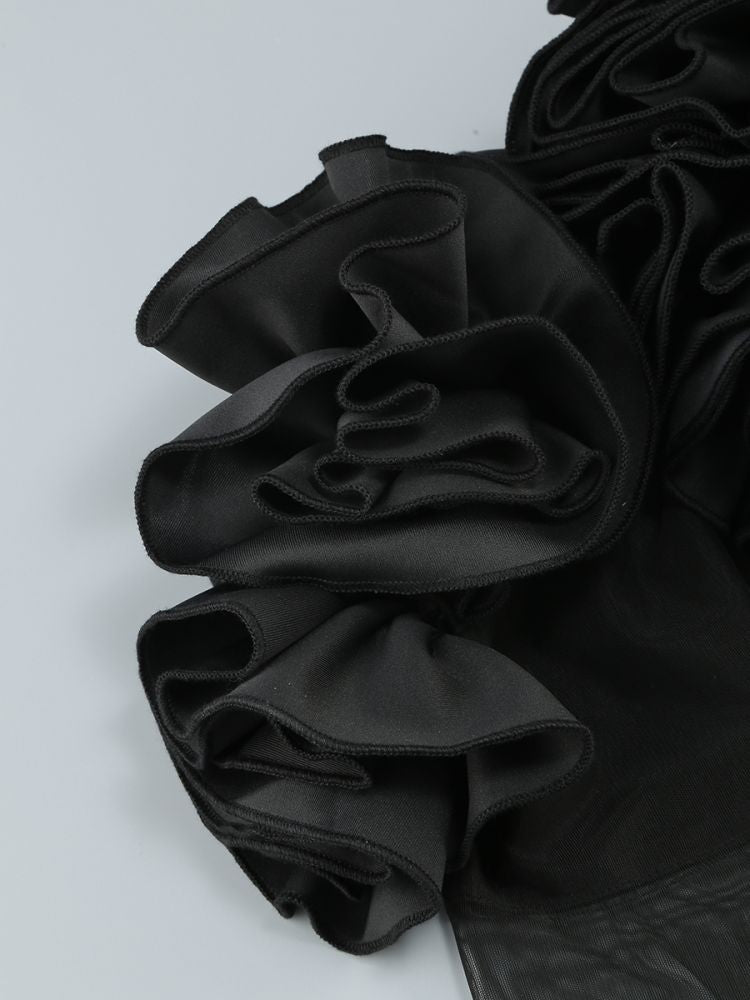 AIIZIE AMITY LONG SLEEVE TULLE FLORAL BARDOT DRESS IN BLACK - product image