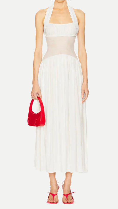 HILARY HALTER NECK RUFFLE MAXI DRESS IN WHITE