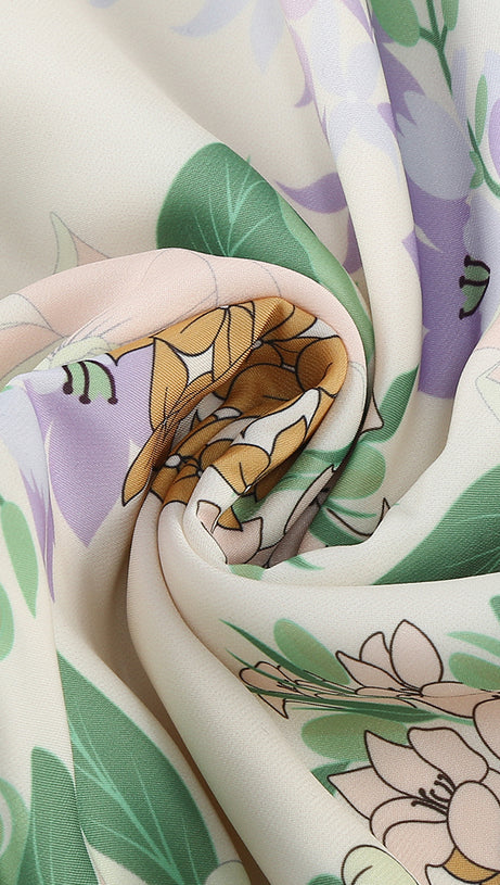 ASYMMETRICAL RUFFLED FLORAL DRAPED MAXI DRESS IN BEIGE