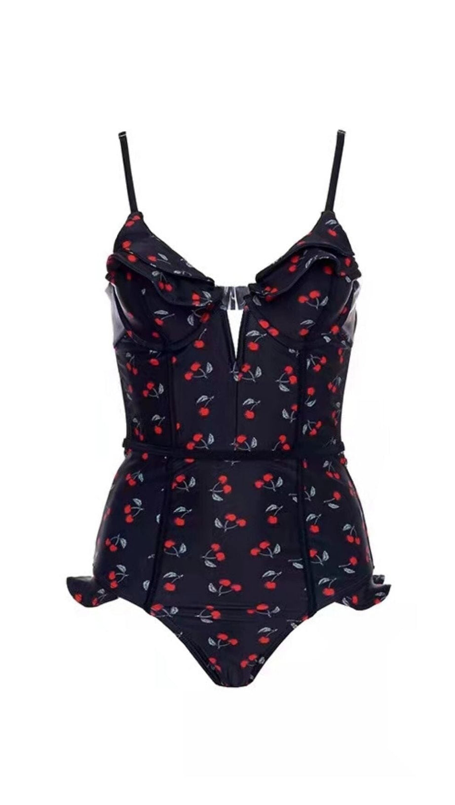 CHERRY PLUNGE SWIMSUIT - BLACK