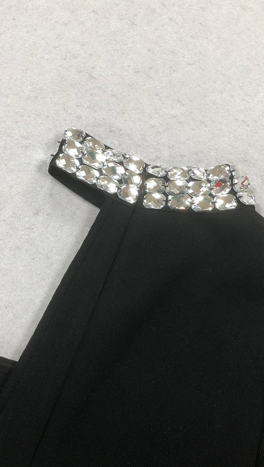 CRYSTAL EMBELLISHED ONE-SLEEVE CUT-OUT MAXI DRESS IN BLACK