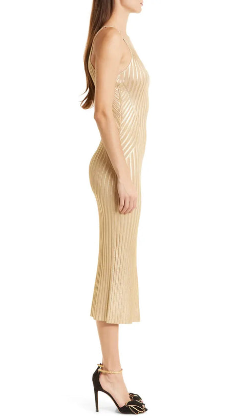 Gerti – Figurbetontes Midikleid mit Folienrippenmuster in Gold