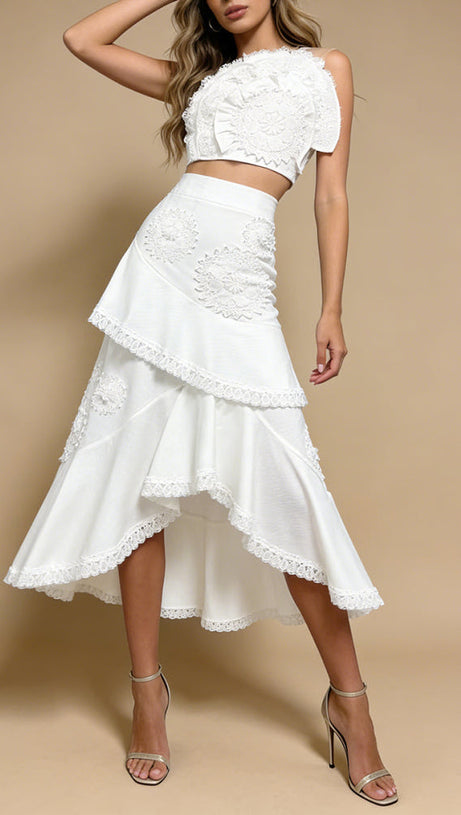 nina Ruffled strapless top floral embroidered mermaid skirt set - white