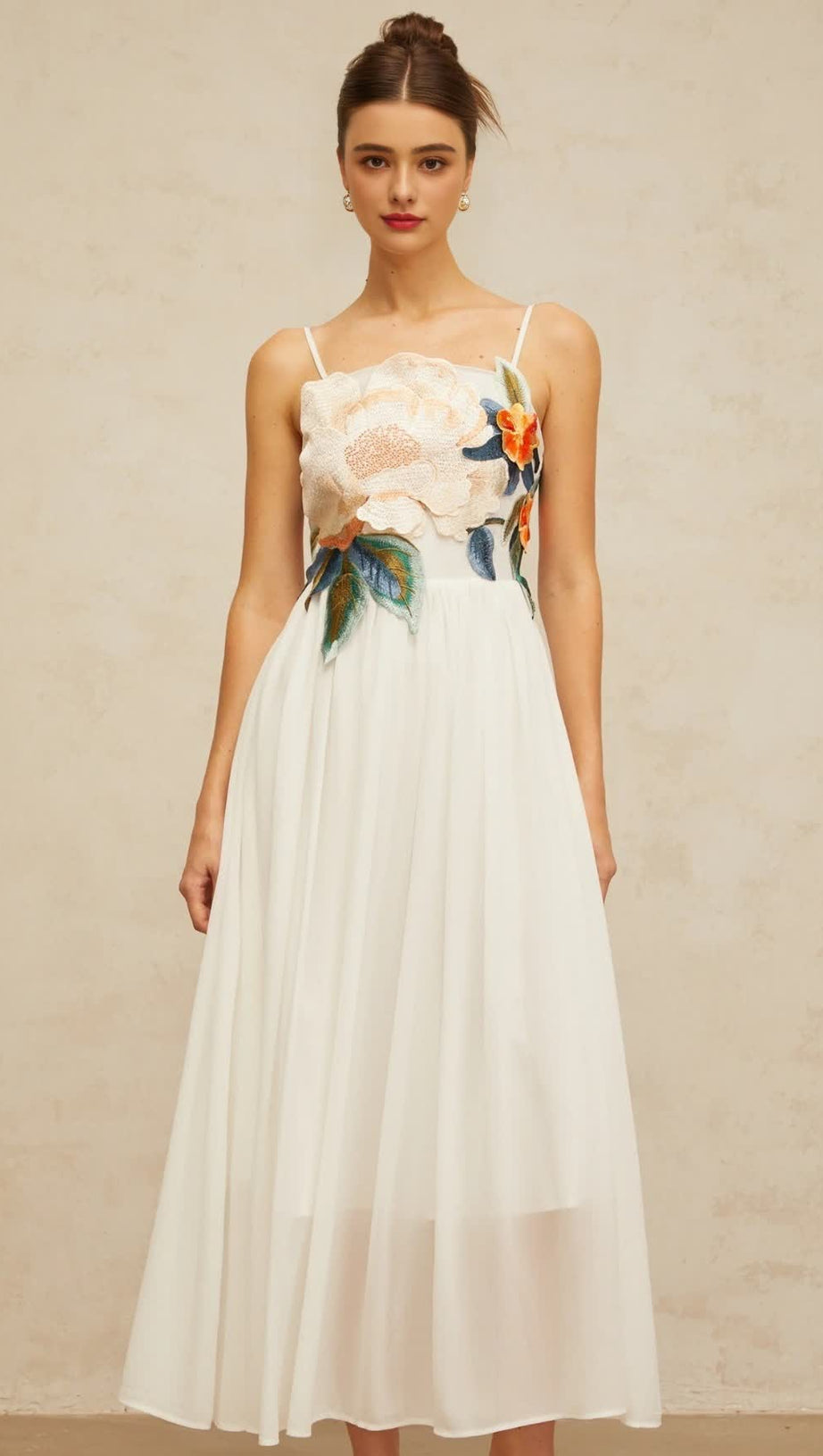 JOANN APPLIQUÉ CAMELLIA FLORAL MAXI DRESS IN WHITE