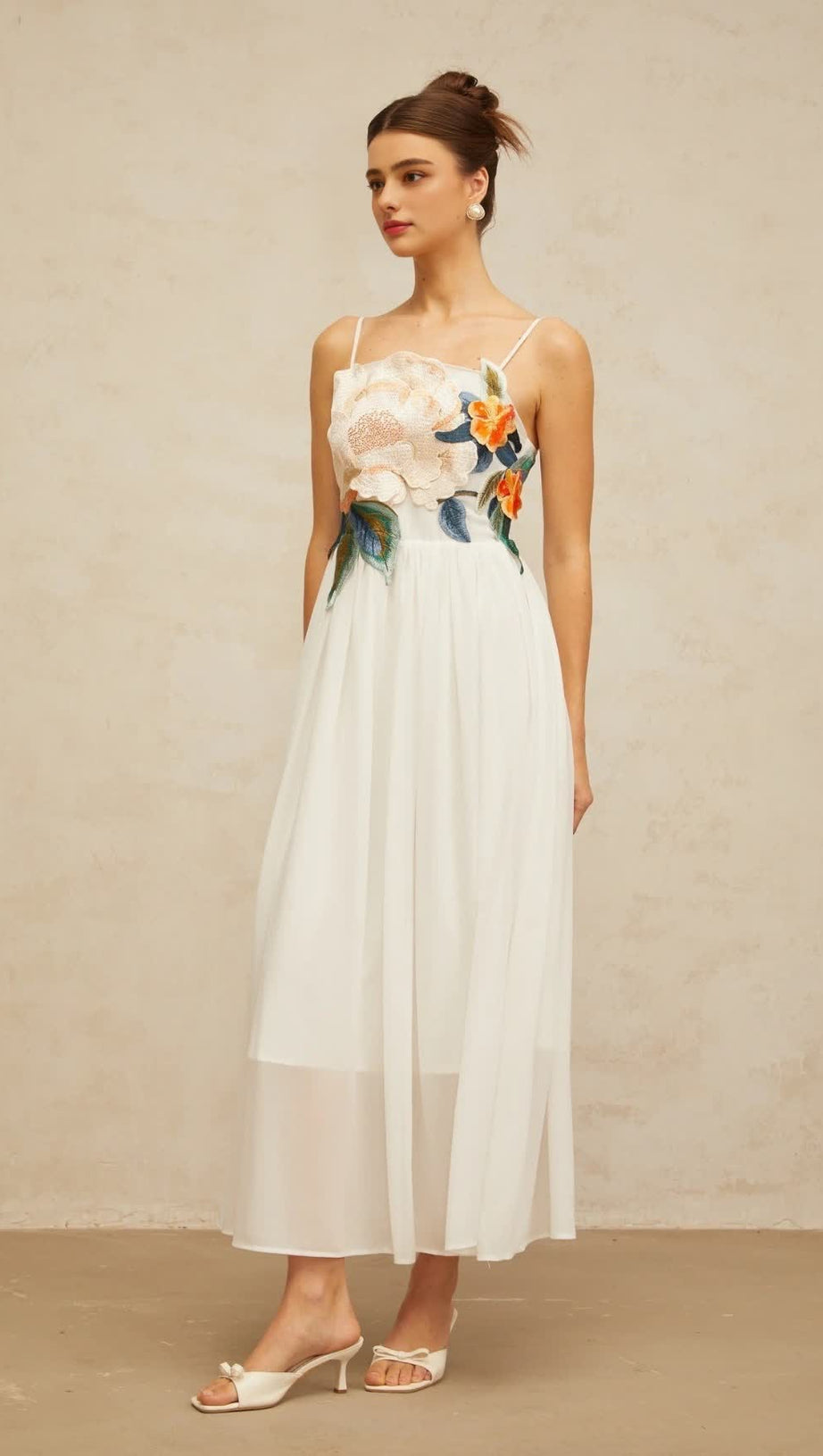 JOANN APPLIQUÉ CAMELLIA FLORAL MAXI DRESS IN WHITE