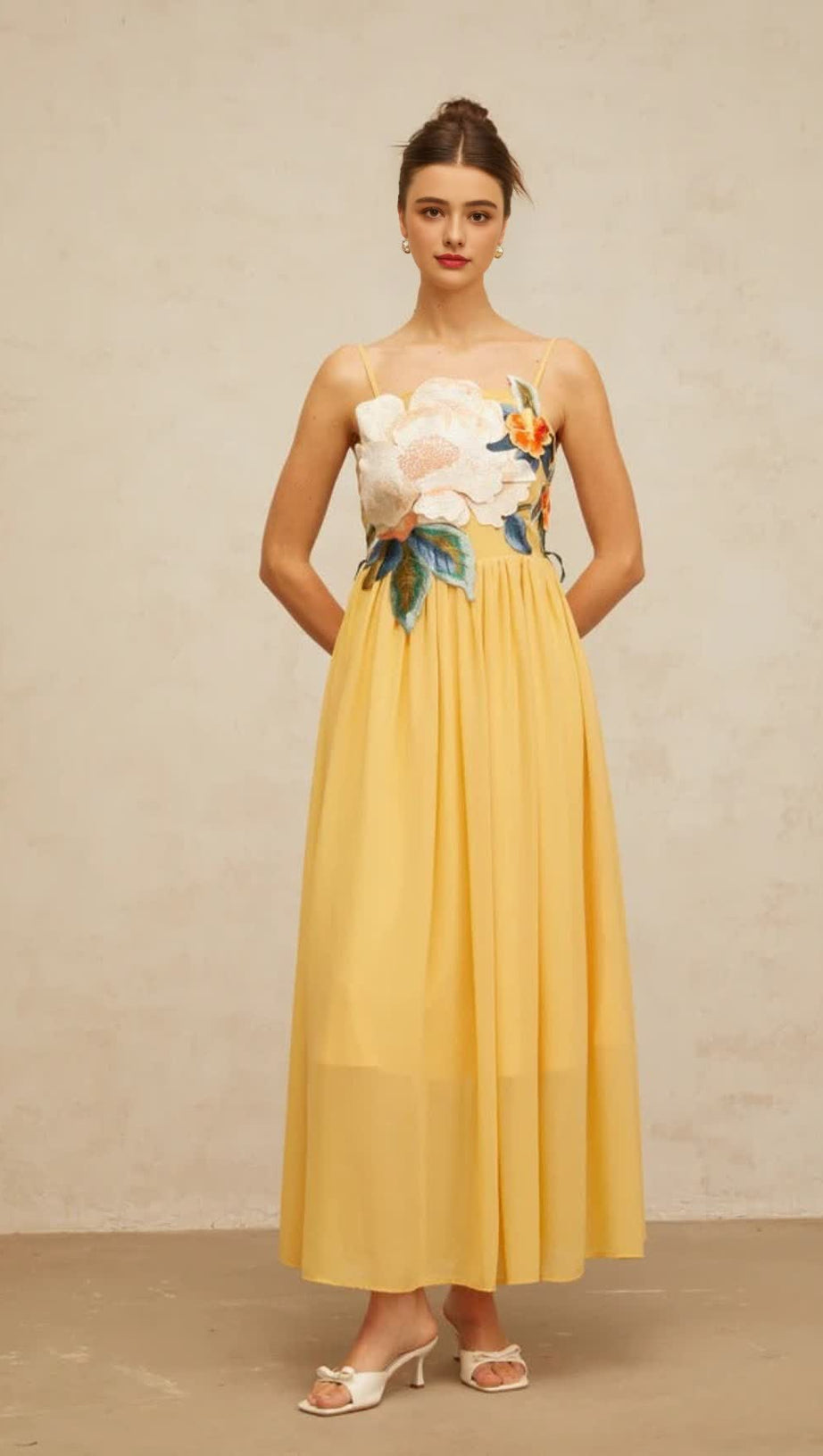 JOANN APPLIQUÉ CAMELLIA FLORAL MAXI DRESS IN YELLOW