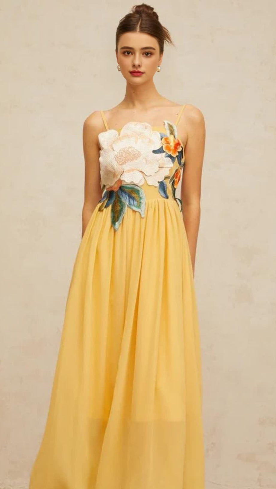 JOANN APPLIQUÉ CAMELLIA FLORAL MAXI DRESS IN YELLOW
