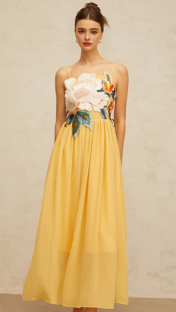 AIIZIE JOANN APPLIQUÉ CAMELLIA FLORAL MAXI DRESS IN YELLOW - product image