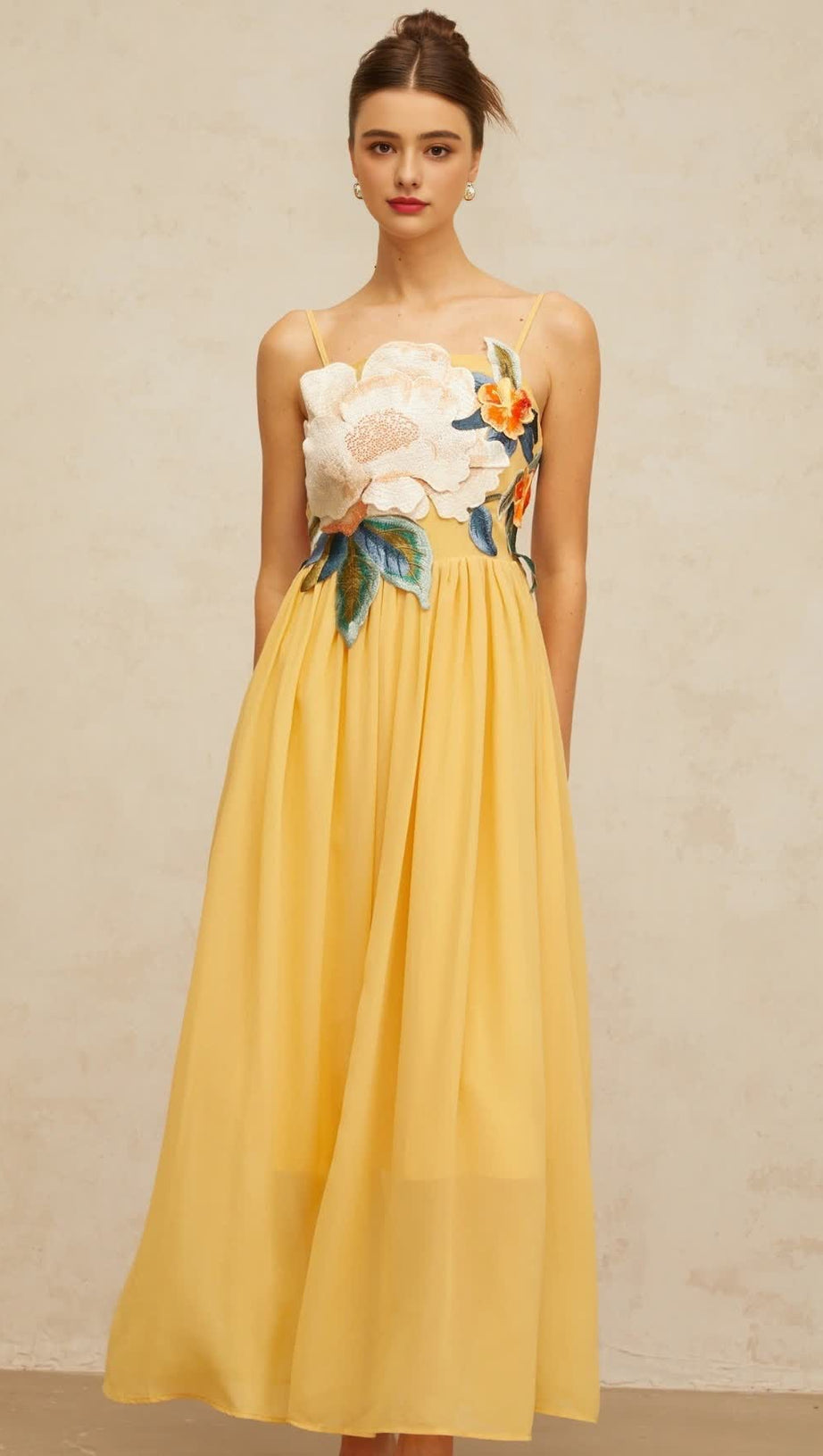 JOANN APPLIQUÉ CAMELLIA FLORAL MAXI DRESS IN YELLOW