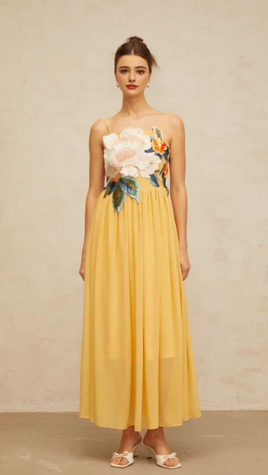 JOANN APPLIQUÉ CAMELLIA FLORAL MAXI DRESS IN YELLOW