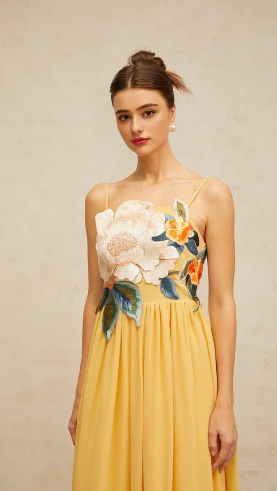 JOANN APPLIQUÉ CAMELLIA FLORAL MAXI DRESS IN YELLOW