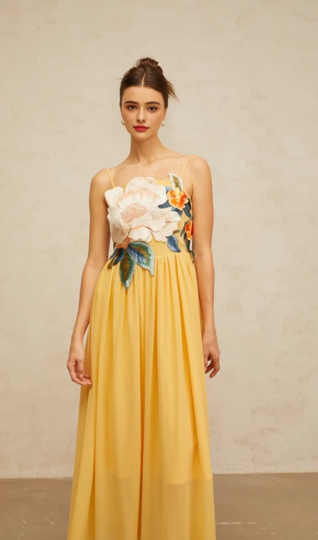 JOANN APPLIQUÉ CAMELLIA FLORAL MAXI DRESS IN YELLOW