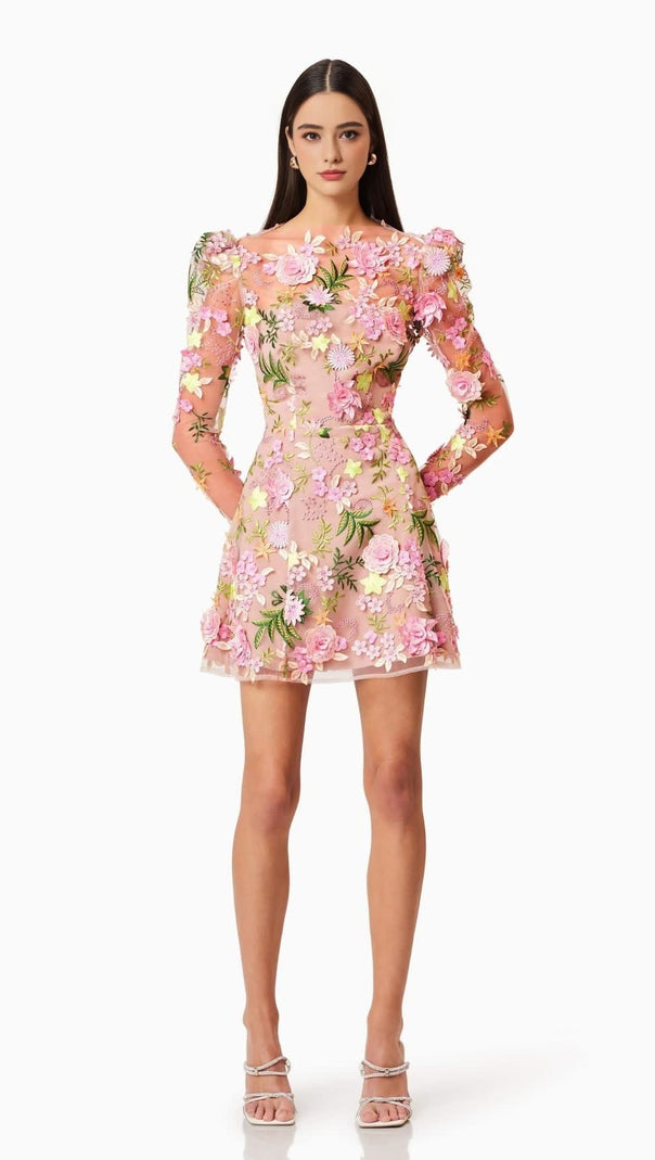 AIIZIE CAITLIN A-LINE FLORAL LONG SLEEVE MINI DRESS IN PINK - product image