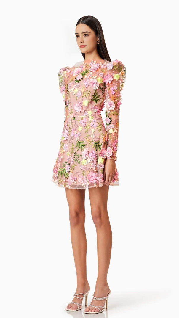 AIIZIE CAITLIN A-LINE FLORAL LONG SLEEVE MINI DRESS IN PINK - product image