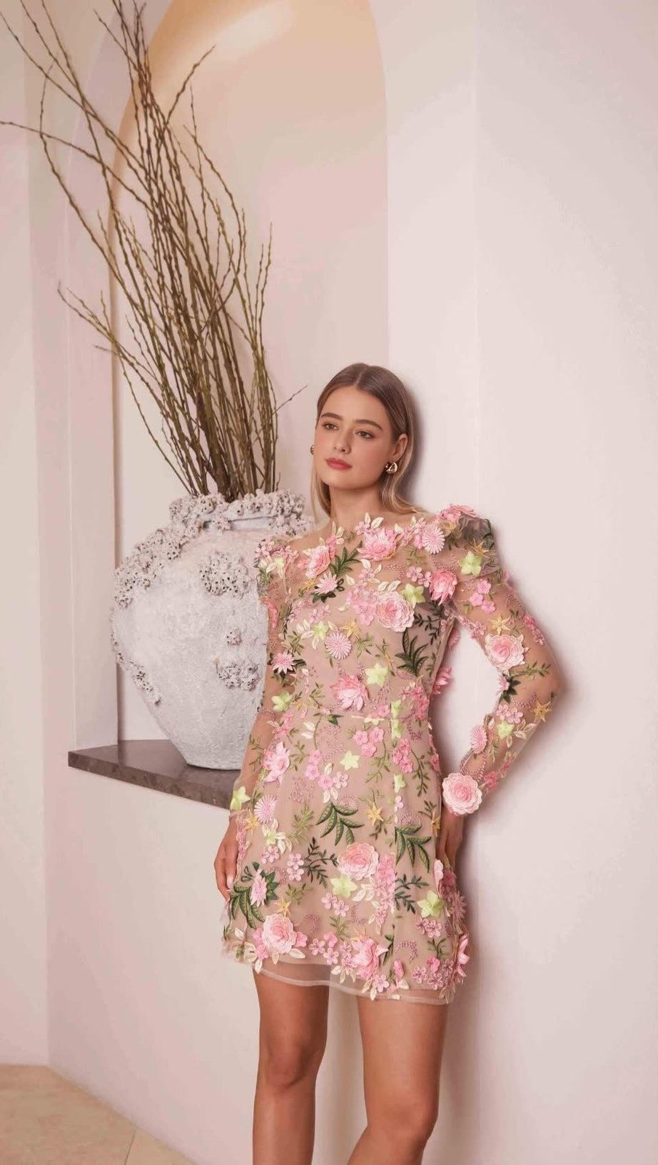 CAITLIN A-LINE FLORAL LONG SLEEVE MINI DRESS IN PINK