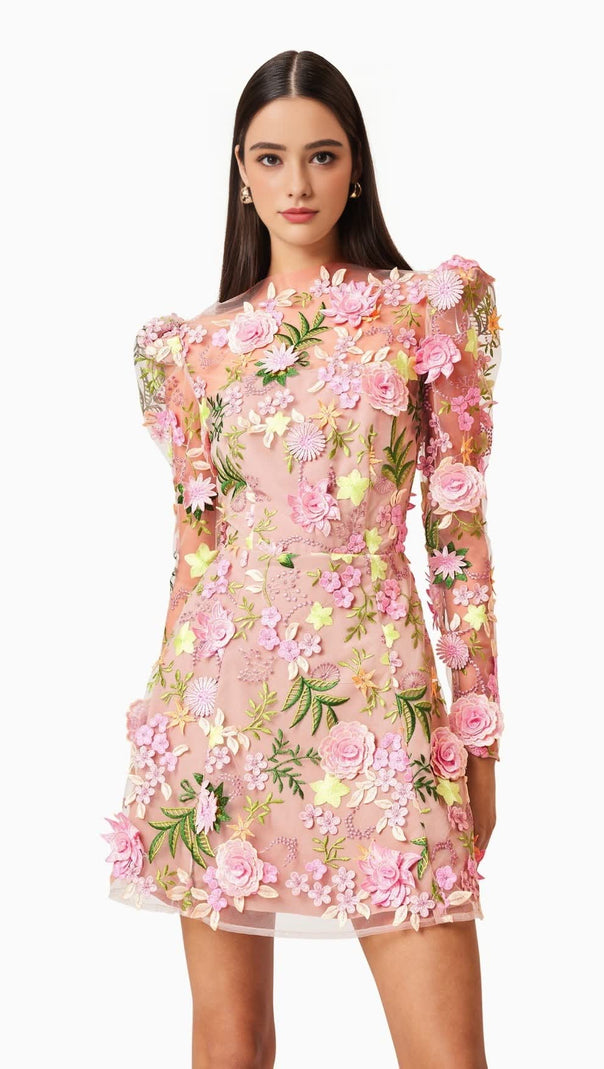 AIIZIE CAITLIN A-LINE FLORAL LONG SLEEVE MINI DRESS IN PINK - product image