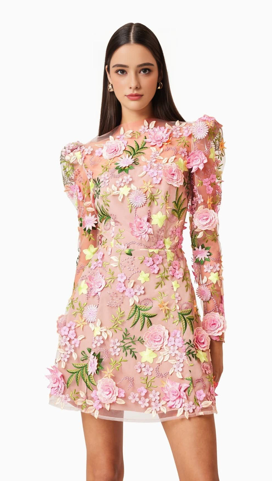 CAITLIN A-LINE FLORAL LONG SLEEVE MINI DRESS IN PINK