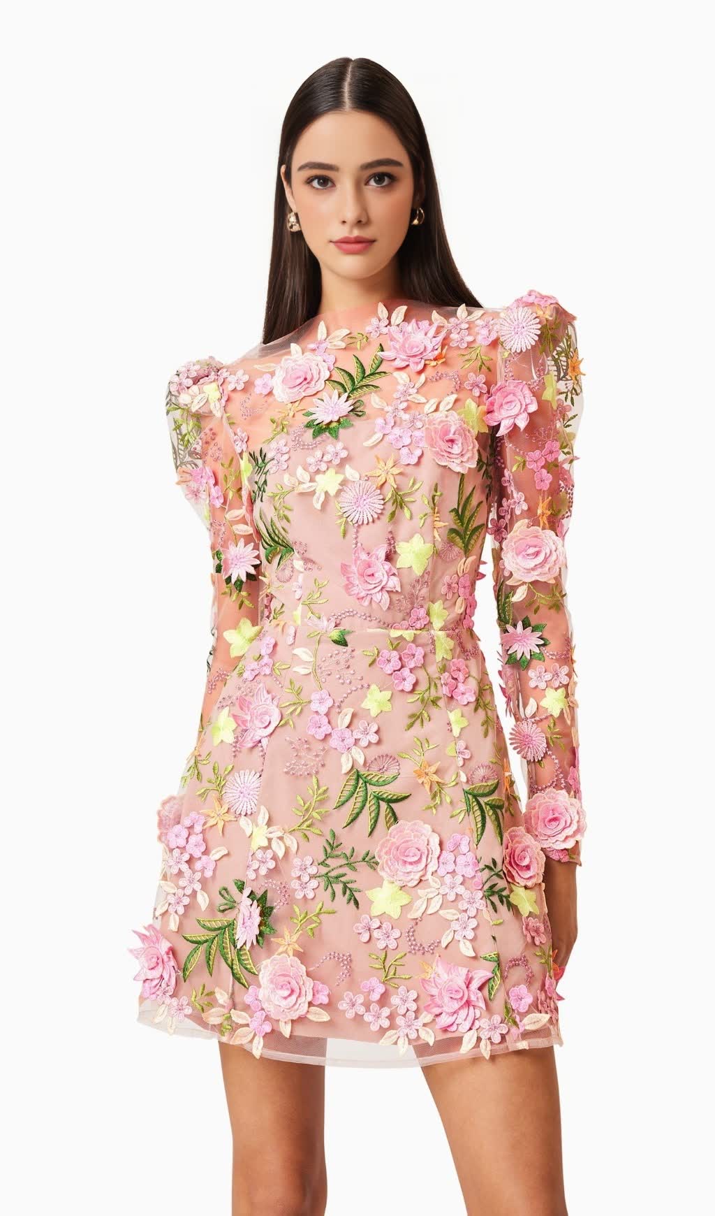 CAITLIN A-LINE FLORAL LONG SLEEVE MINI DRESS IN PINK
