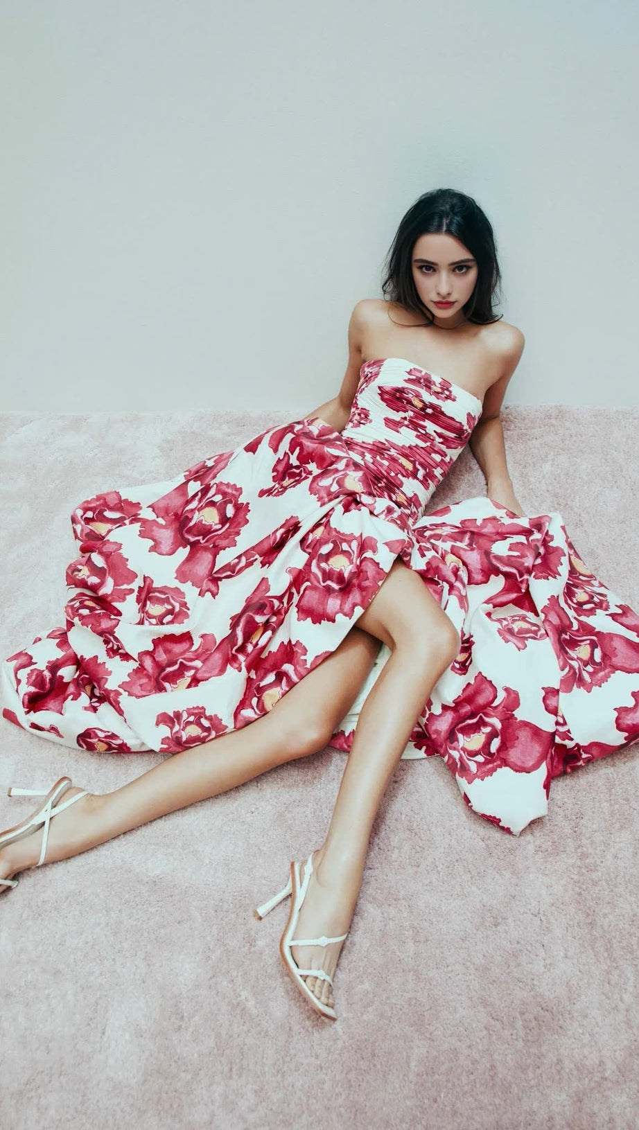 NANCY VIOLETTE  BUBBLE HEM MAXI DRESS IN PALE RED