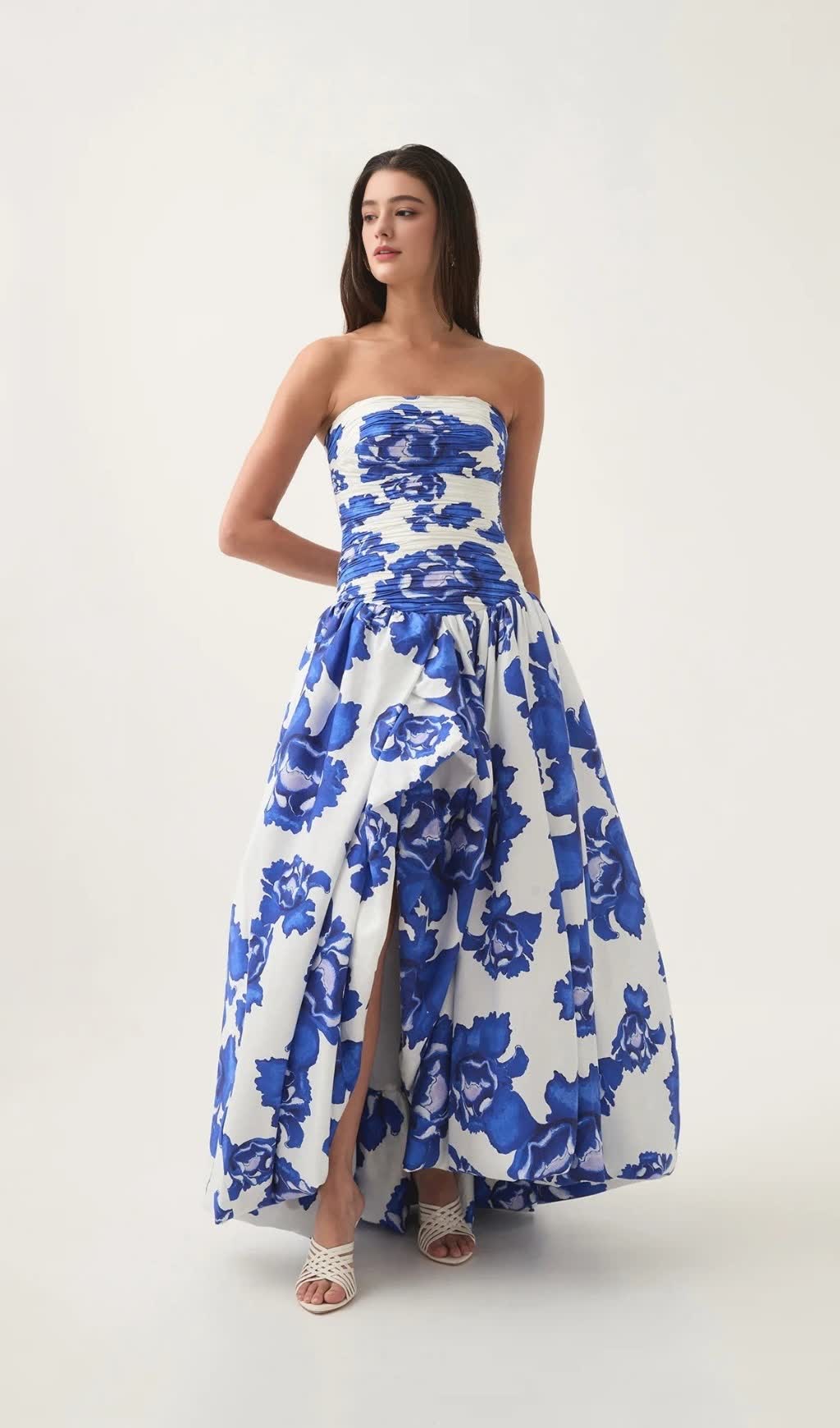 NANCY VIOLETTE  BUBBLE HEM MAXI DRESS IN COBALT