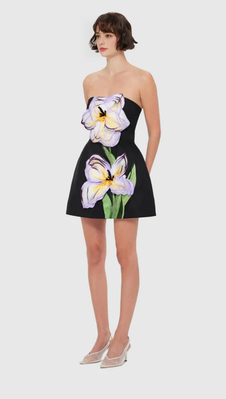 Rosario – Bustier-Minikleid mit Blumenapplikation in Schwarz