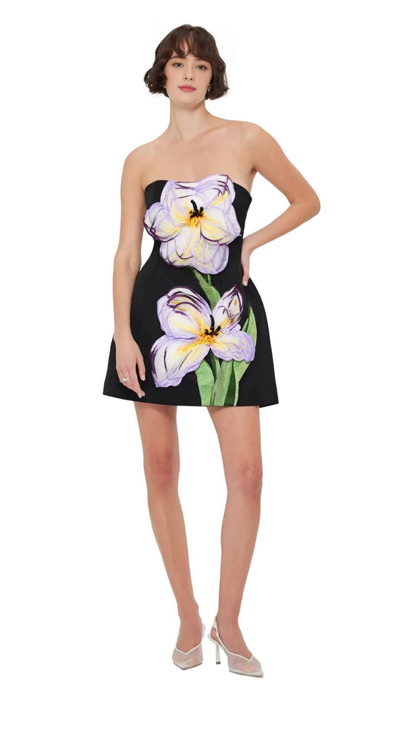 AIIZIE ROSARIO APPLIQUÉ FLORAL BUSTIER MINI DRESS IN BLACK - product image