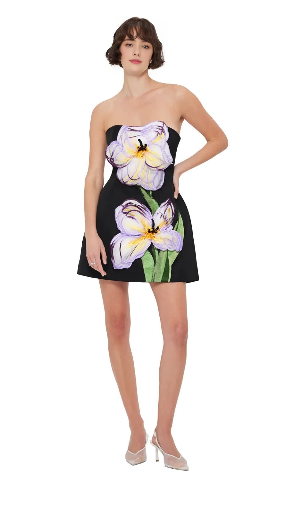 Rosario – Bustier-Minikleid mit Blumenapplikation in Schwarz