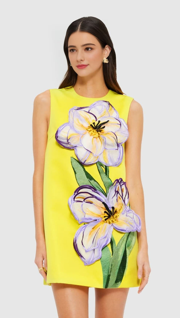 YVONNE APPLIQUÉ FLORAL MINI DRESS IN YELLOW
