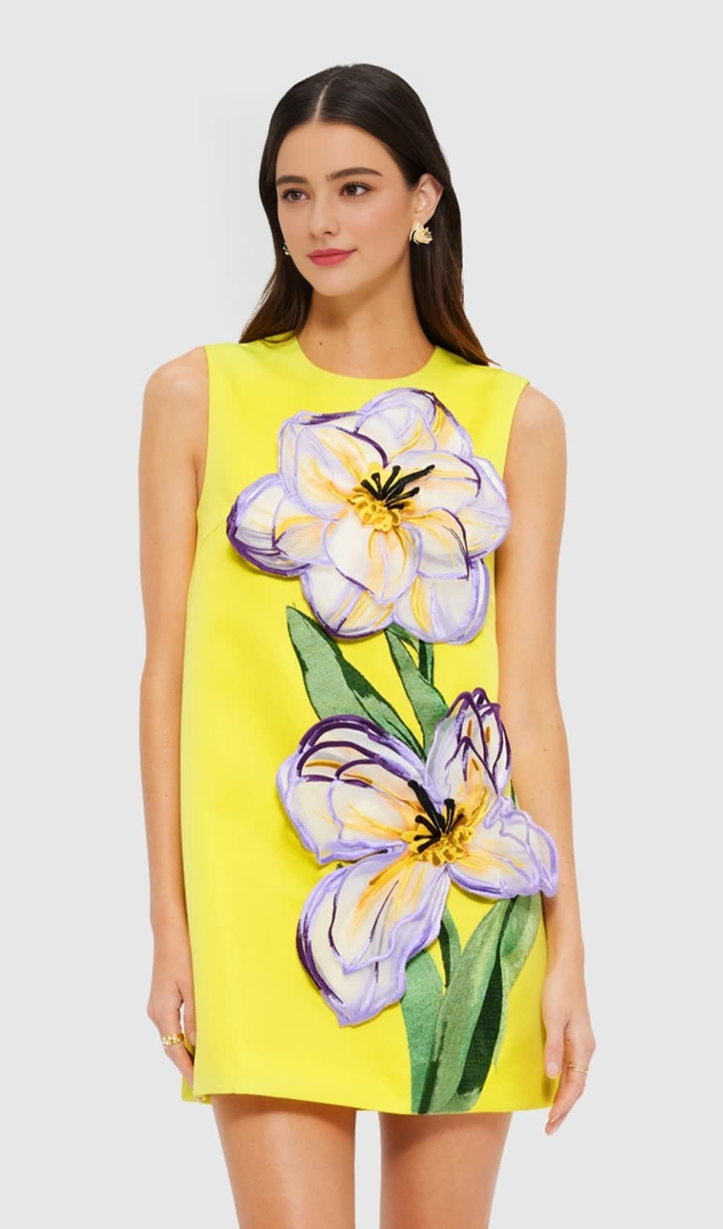Yvonne Appliqué Floral Mini Dress in Yellow