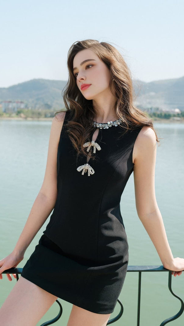 AIIZIE CECILIA HOLLOW BOW MINI DRESS IN BLACK - product image