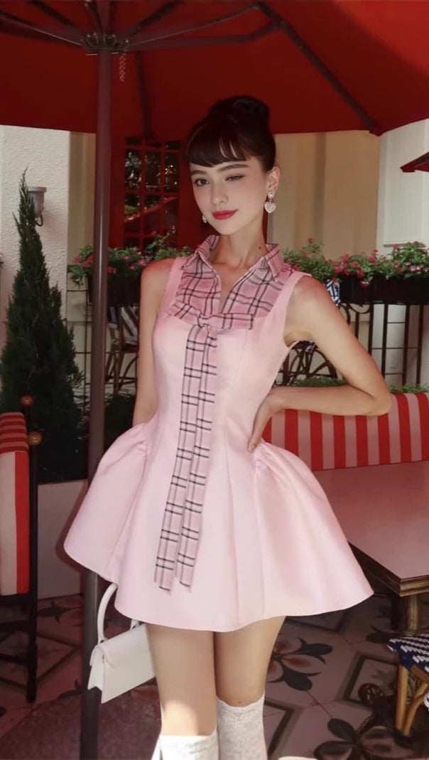 AIIZIE CHECKED SHIRT COLLAR SLEEVELESS PUFFY MINI DRESS IN PINK - product image