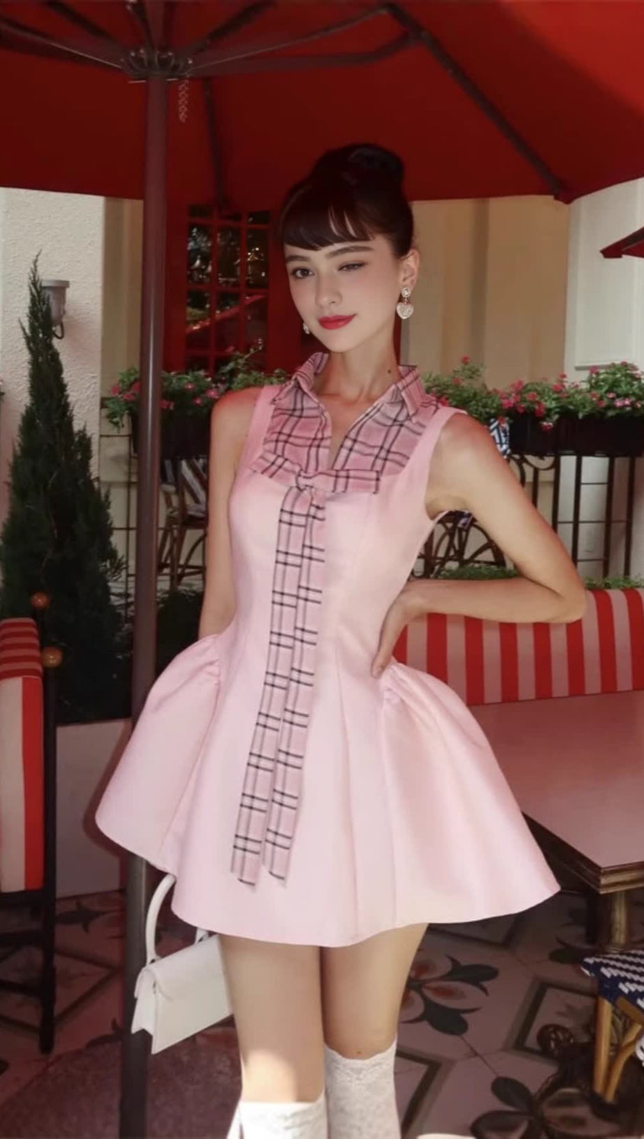 Ärmelloses, bauschiges Minikleid mit kariertem Hemdkragen in Rosa