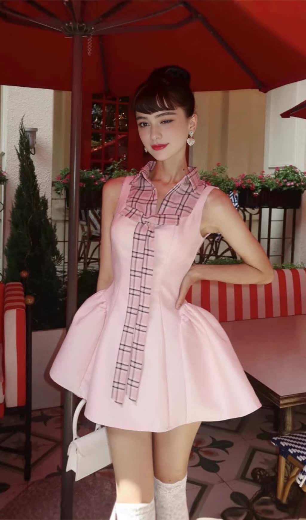 CHECKED SHIRT COLLAR SLEEVELESS PUFFY MINI DRESS IN PINK