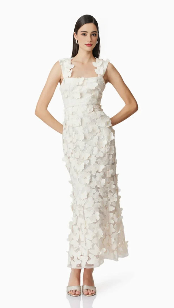 AIIZIE SQUARE NECKLINE 3D FLOWER EMBROIDERY GOWN IN WHITE - product image