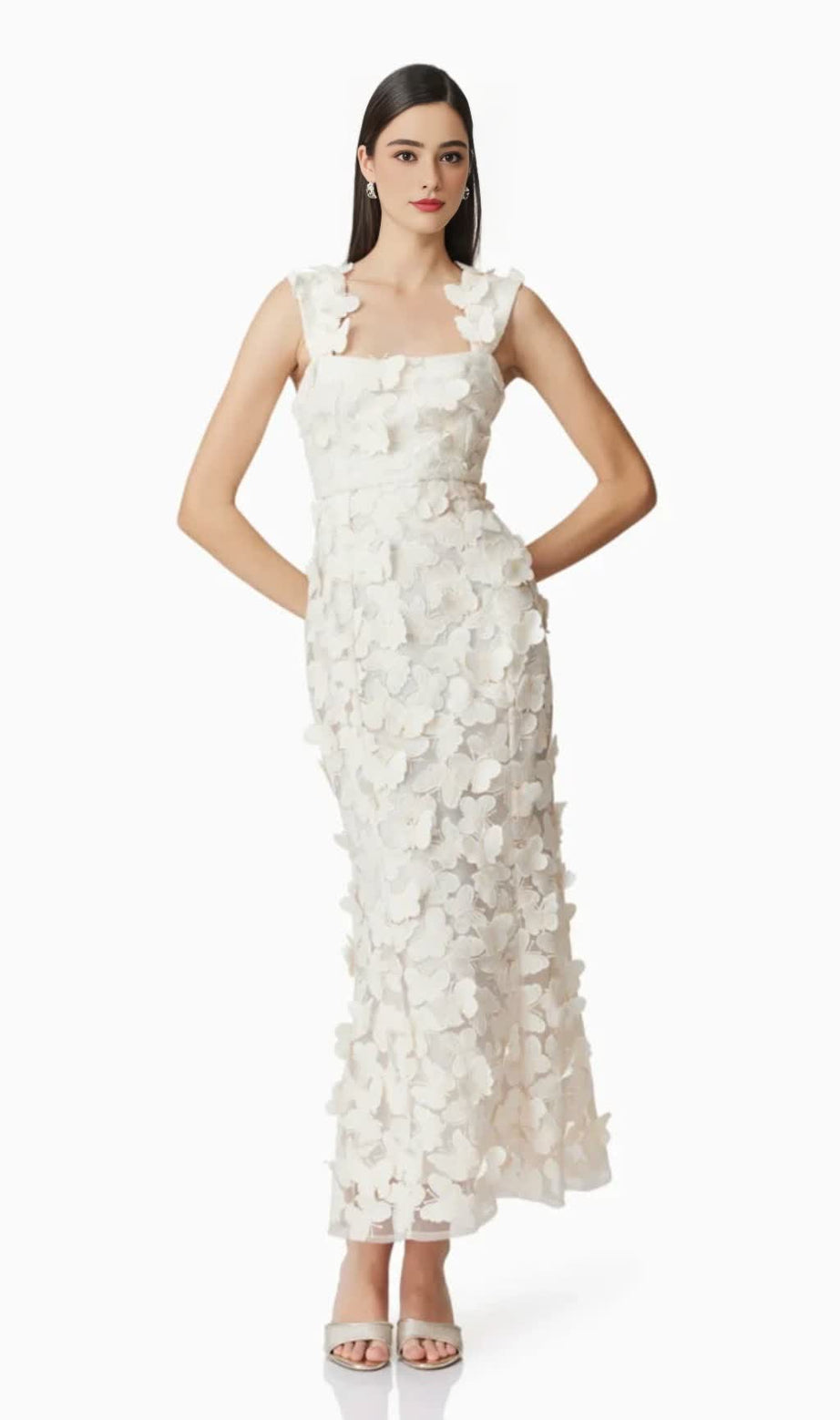 square neckline 3D flower embroidery Gown in White