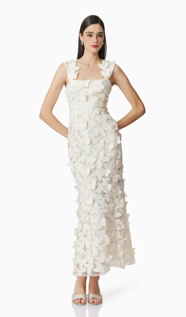 square neckline 3D flower embroidery Gown in White