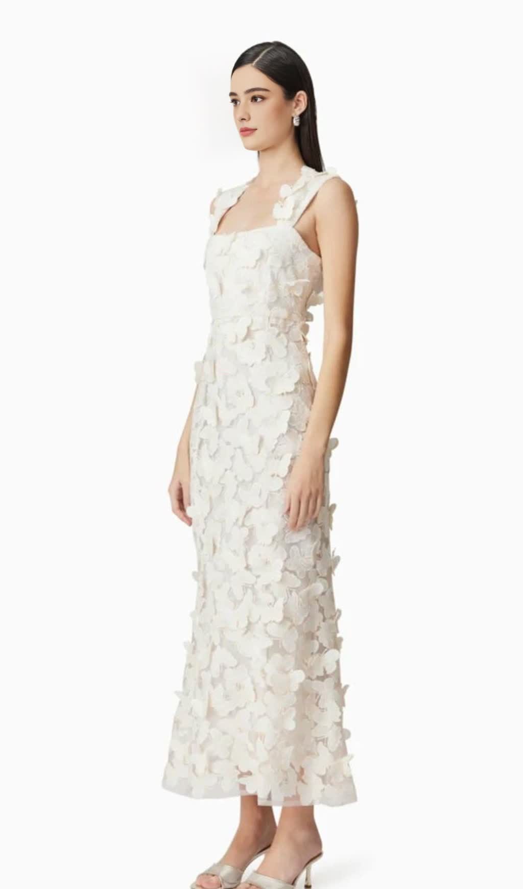 SQUARE NECKLINE 3D FLOWER EMBROIDERY GOWN IN WHITE