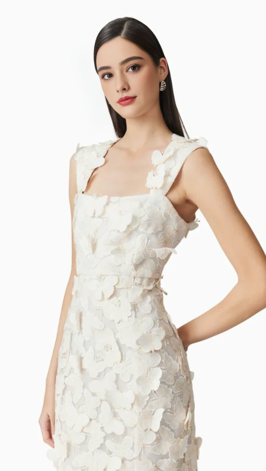 SQUARE NECKLINE 3D FLOWER EMBROIDERY GOWN IN WHITE