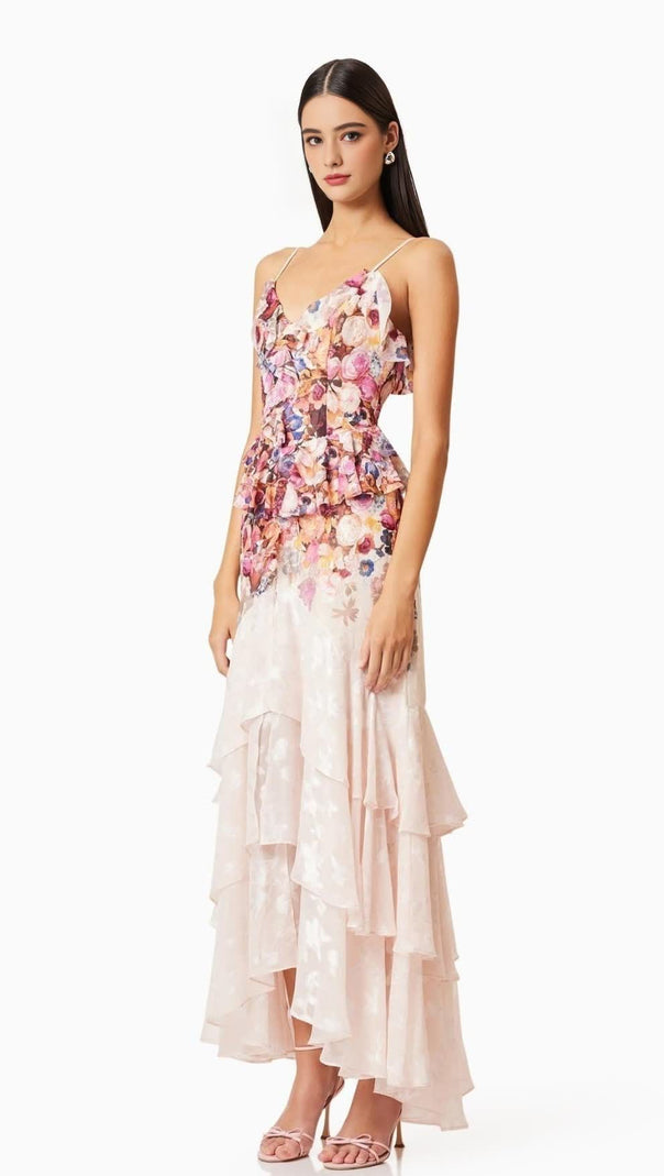 AIIZIE PERLA IRREGULAR FLORAL PRINT MAXI DRESS IN PINK RED - product image