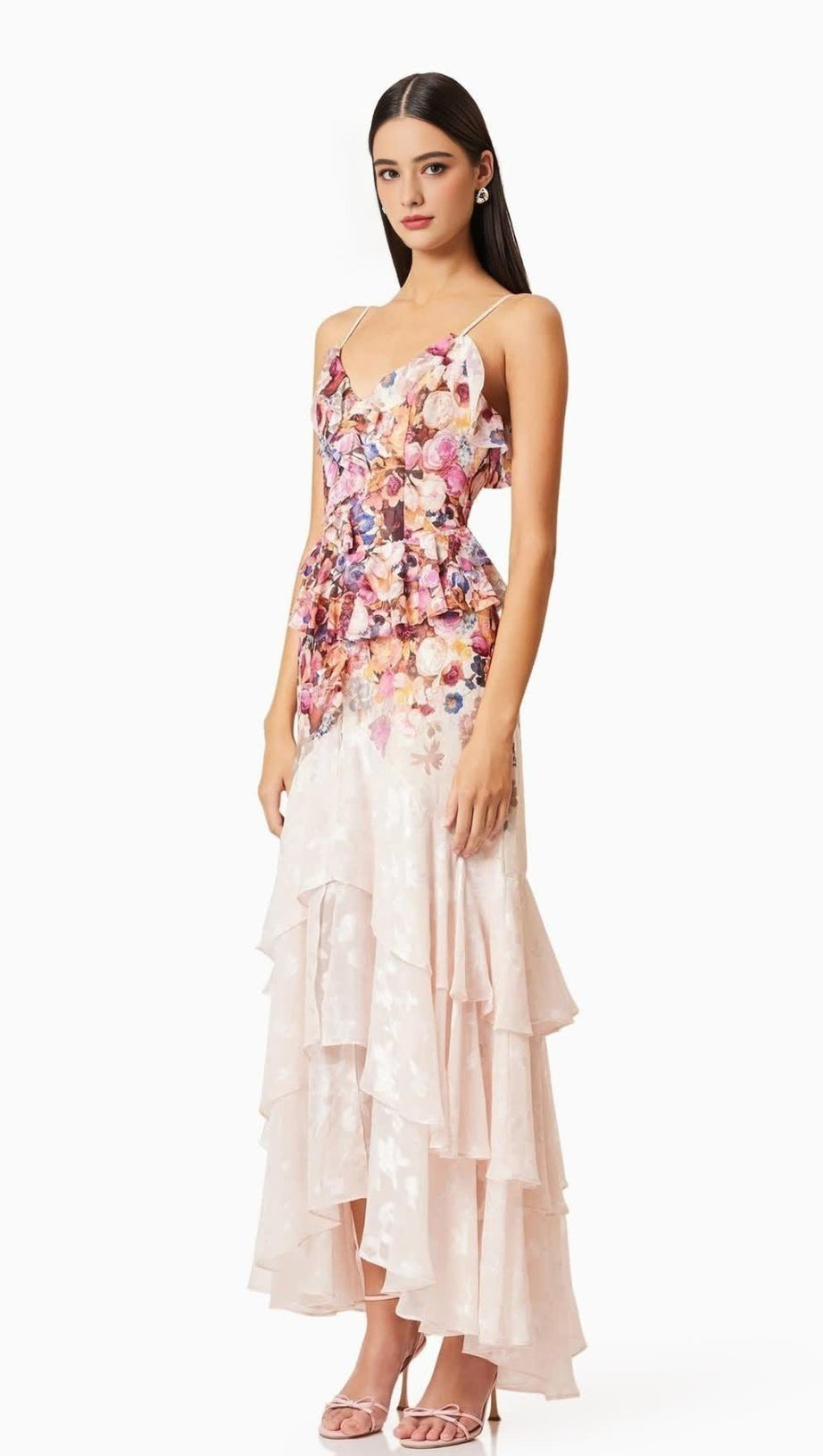 PERLA IRREGULAR FLORAL PRINT MAXI DRESS IN PINK RED