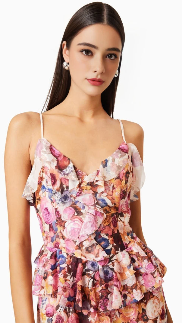 AIIZIE PERLA IRREGULAR FLORAL PRINT MAXI DRESS IN PINK RED - product image