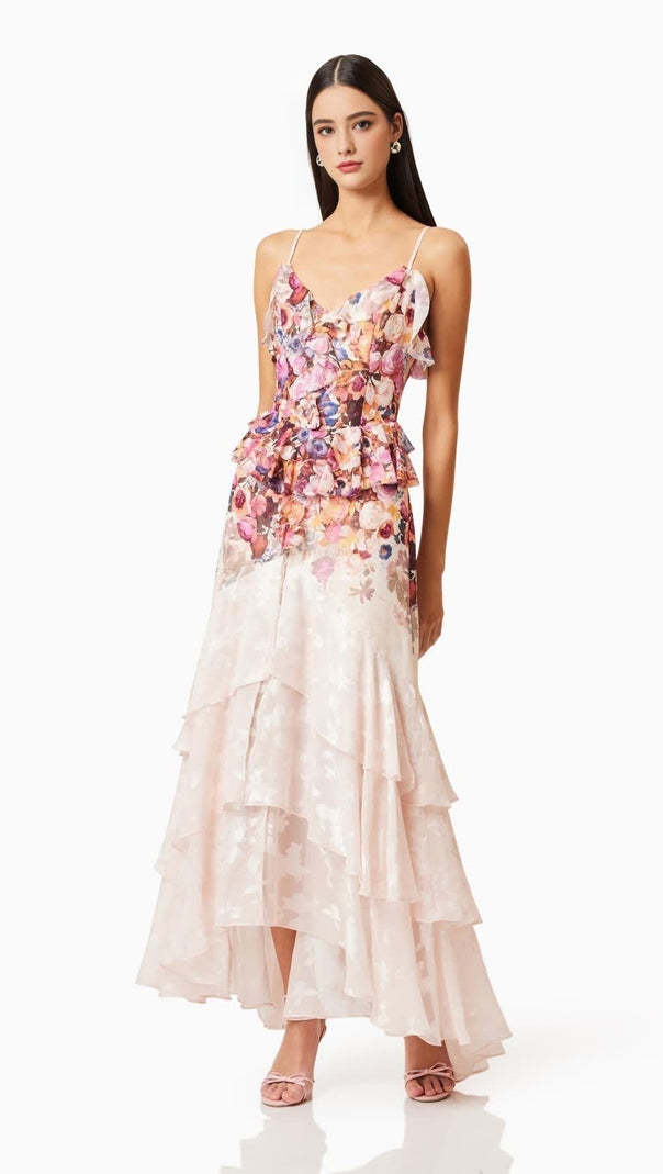 AIIZIE PERLA IRREGULAR FLORAL PRINT MAXI DRESS IN PINK RED - product image