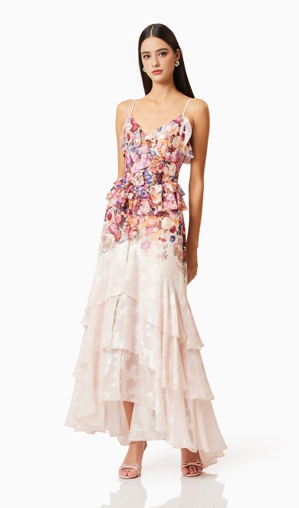 Perla Irregular floral print maxi dress in pink red