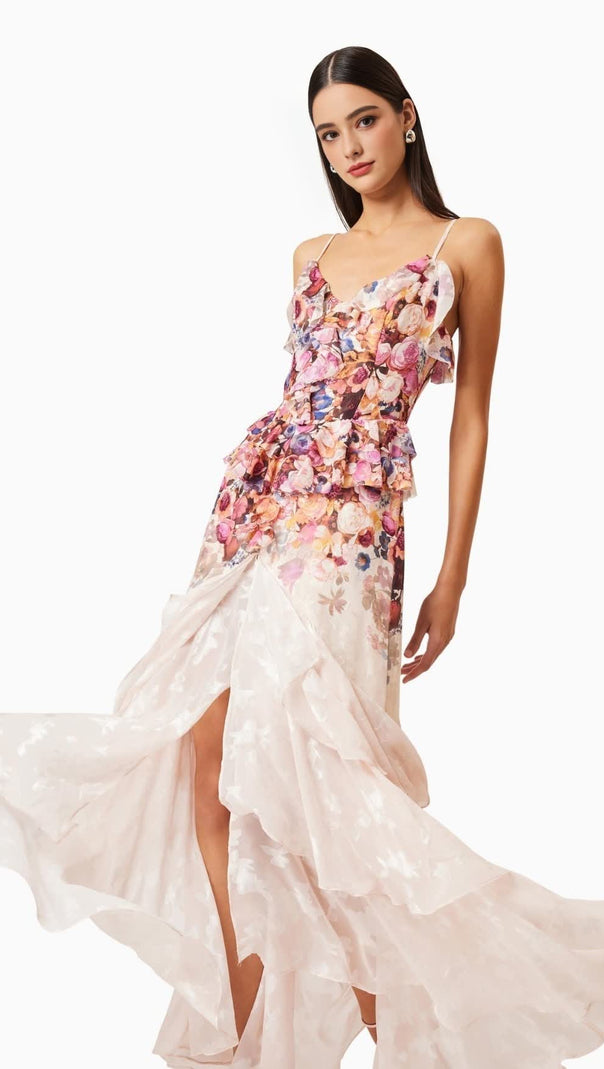 AIIZIE PERLA IRREGULAR FLORAL PRINT MAXI DRESS IN PINK RED - product image