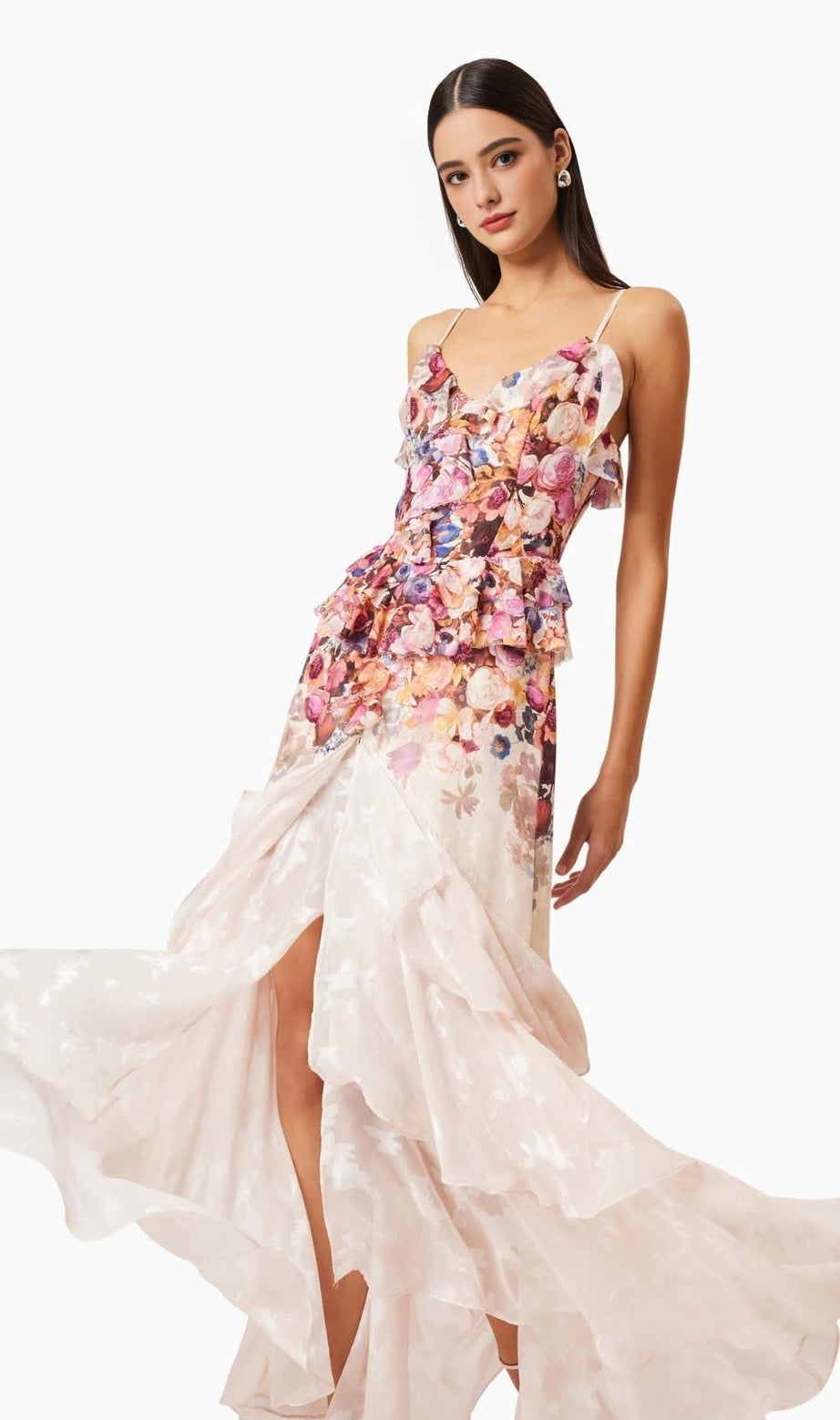 Perla Irregular floral print maxi dress in pink red